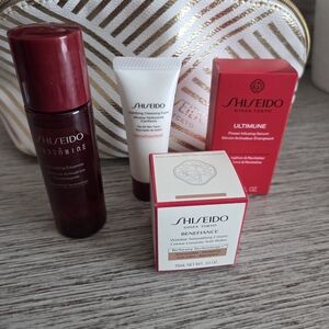 Shiseido Gold and White Cosmetic Bag With Skincare.